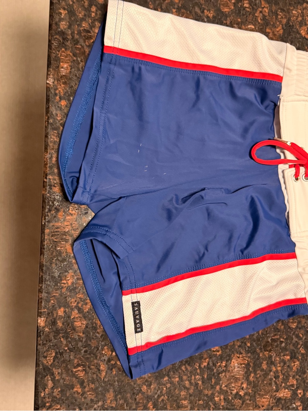Men's Blue Swim Board Shorts with White Waistband and Red Trim